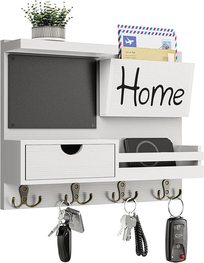 Farmhouse Key Holder for Wall with Mail Organizer - Easy Installation Wall Mount Organizer, Includes Chalkboard, Drawer, Wallet Holder & 4 Double Hooks, Ideal for Entryway, Quick Access - White