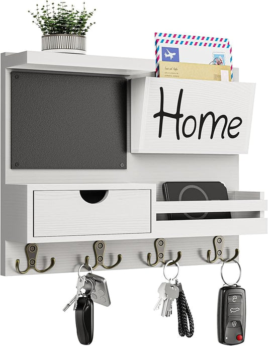 Farmhouse Key Holder for Wall with Mail Organizer - Easy Installation Wall Mount Organizer, Includes Chalkboard, Drawer, Wallet Holder & 4 Double Hooks, Ideal for Entryway, Quick Access - White