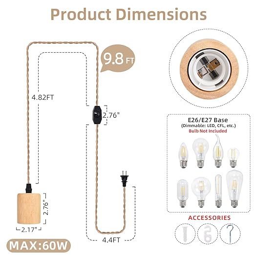 Arturesthome Industrial Pendant Light Cord with Dimmable Switch, 9.8FT Vintage Hanging Light Plug in Lamp Cord with Twisted Nylon Rope Lights Socket E26 E27 for Farmhouse Lamp Cable Retro DIY