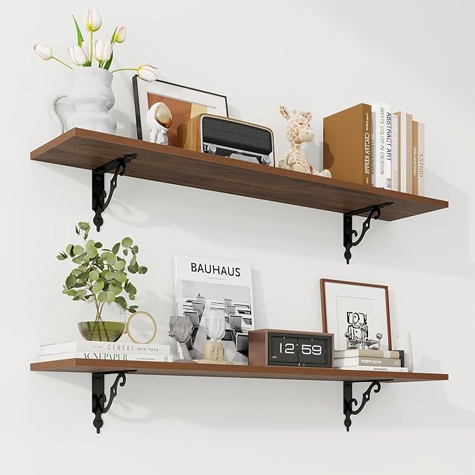 RICHFOCUS Floating Shelves for Wall Decor, 39.4W x 8D Shelves Set of 2, 8 Inch Deep Rustic Wood Shelves Wall Mounted with Brackets, Long Floating Shelves for Living Room Bedroom Kitchen, Walnut