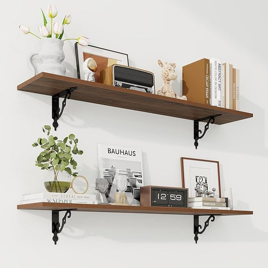 RICHFOCUS Floating Shelves for Wall Decor, 39.4W x 8D Shelves Set of 2, 8 Inch Deep Rustic Wood Shelves Wall Mounted with Brackets, Long Floating Shelves for Living Room Bedroom Kitchen, Walnut