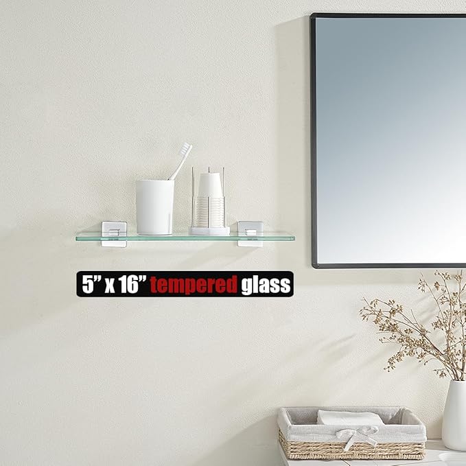 JQK Bathroom Glass Shelf, Floating Tempered Glass Shower Storage 16 by 5 inches, 304 Stainless Steel Polished Chrome Wall Mount 2 Pack, TGS201L16-CH-P2
