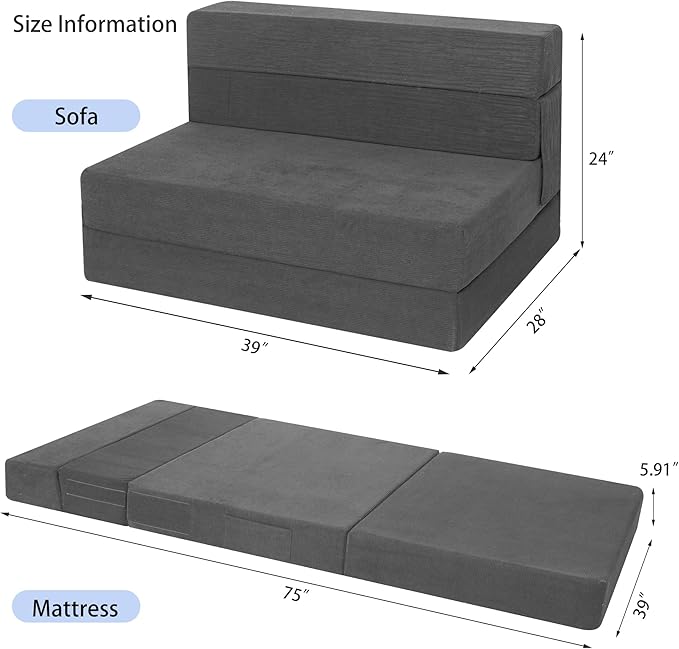Sofa Bed Foldable Mattress ，Folding Sleeper Sofa Chair Bed Floor Mattress with Pillow for Living Room Home Office (Dark Gray -Corduroy, Twin)