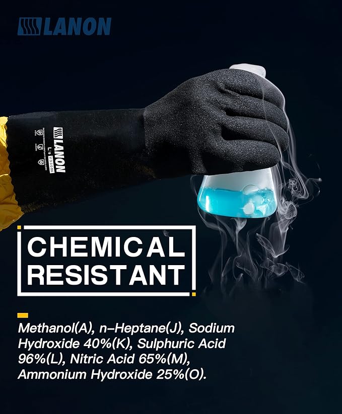 LANON Nitrile Chemical Resistant Gloves, Reusable Heavy-Duty Rubber Gloves with MicroFoam Textured Palm, Acid, Alkali and Oil Protection, Black, XL