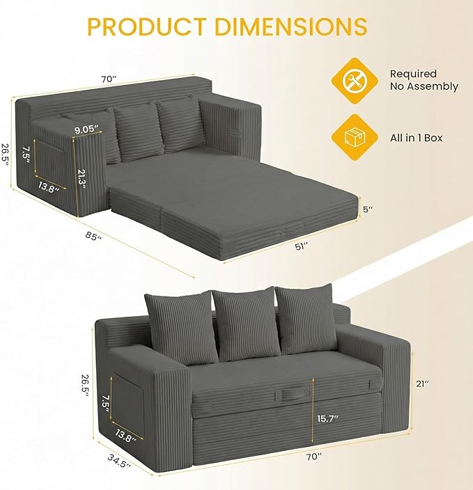 Boneless Couch Sleeper Sofa Bed: 3-in-1 Convertible Sofa Bed with Side Pockets & Handle,Pull Out Couch with 3 Pillows,Folding Futon for Small Space,Living Room & Bedroom