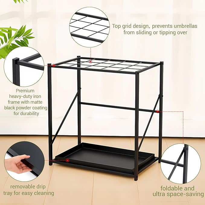 Folding Umbrella Storage Stand Rack Holder Organizer Free Standing Umbrella Rack with Removable Drip Tray for Entryway Home Office Hotel Entry Hallway(L18.31 X W11.89 X H19.69 Inch)
