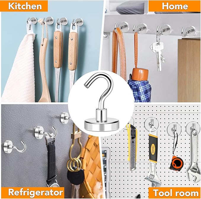 MIKEDE Magnetic Hooks, 85LB+ Heavy Duty Magnetic Hooks Cruise with Epoxy Coating for Refrigerator, Strong Magnet Hooks for Tool Room, Magnetic Metal Hooks for Grill - 8 Pack