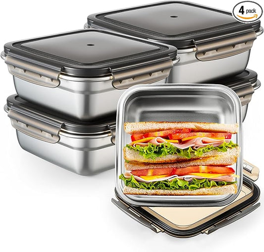 4 Pack Stainless Steel Sandwich Containers with Lids 25.4 oz Metal Food Container for Lunch Boxes with Airtight Silicone Seal for Sandwiches and Snacks(Black)