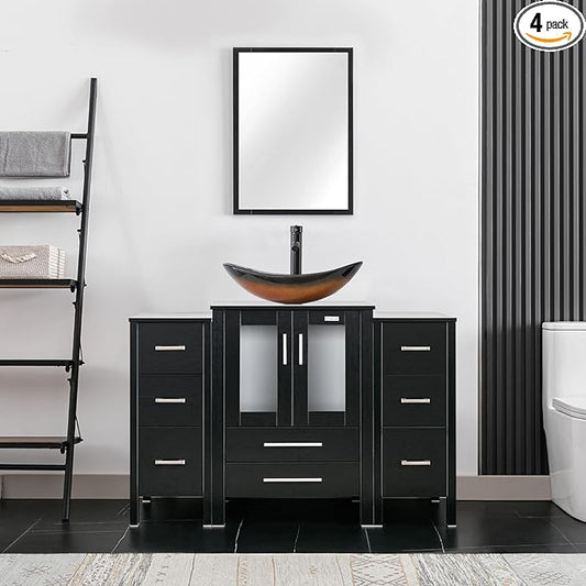 eclife 48" Modern Bathroom Vanity Sink Combo Freestanding Cabinet with Small Side Cabinet, Brown Boat Glass Vessel Sink, Water Save Faucet, Drain (Black+A29BR)