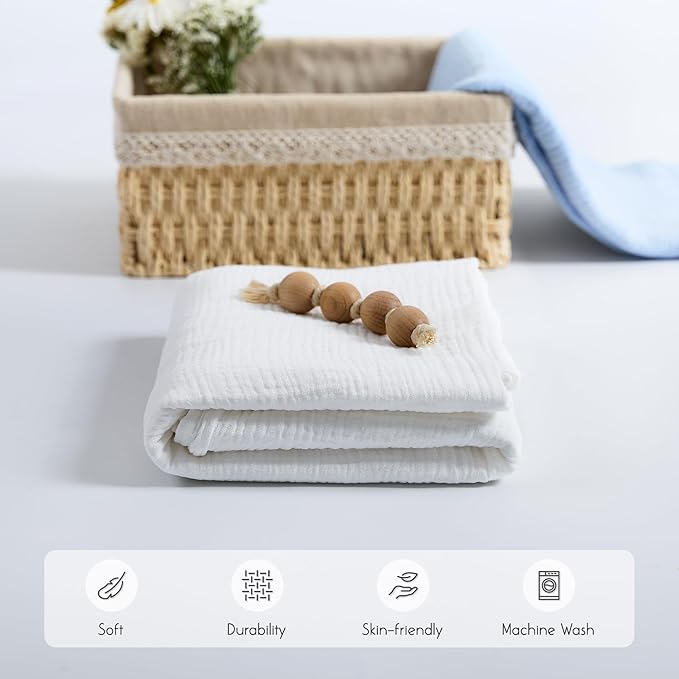 Meracorallo Muslin Swaddle Blanket, 100% Cotton Receiving Blanket Soft and Breathable Swaddle Wrap for Baby Boys and Girls, White