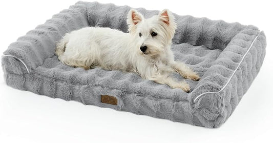 Faux Fur Orthopedic Dog Bed, Dog Bed for Large Size, Supportive Foam Pet Sofa with Waterproof Lining Cover, Washable U-Shaped Pet Couch with Anti-Slip Bottom, Grey L 36x27x6.5 inch