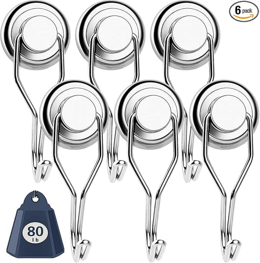 DIYMAG Swivel Swing Magnetic Hooks,Strong Heavy Duty Neodymium Magnet Hooks - Great for Your Refrigerator and Other Magnetic Surfaces - Pack of 6