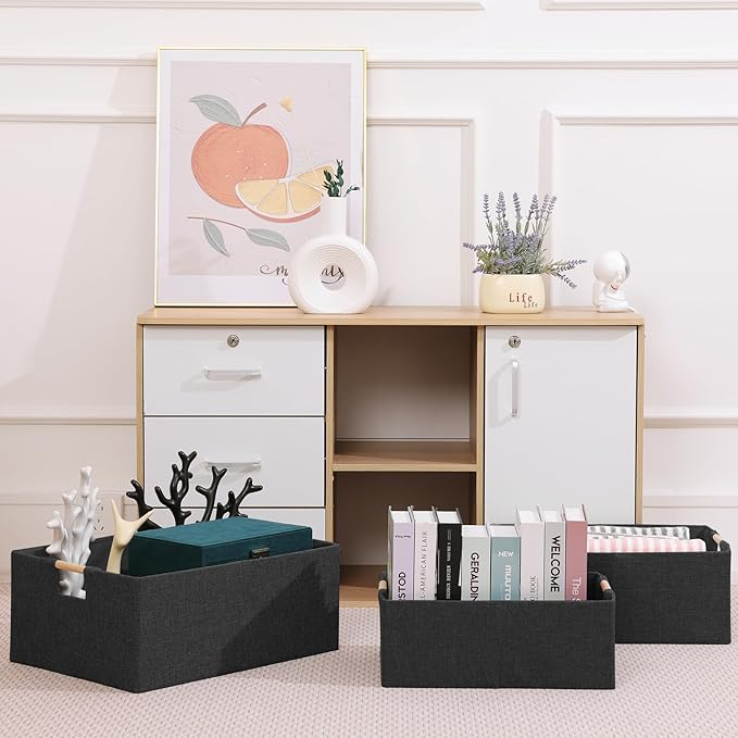 ANMINY 2PCS Storage Baskets for Organizing Collapsible Fabric Storage Bins Boxes with Wood Handles Closet Shelves Cube Organizer Bins Clothes Laundry Storage Container - Large, Black