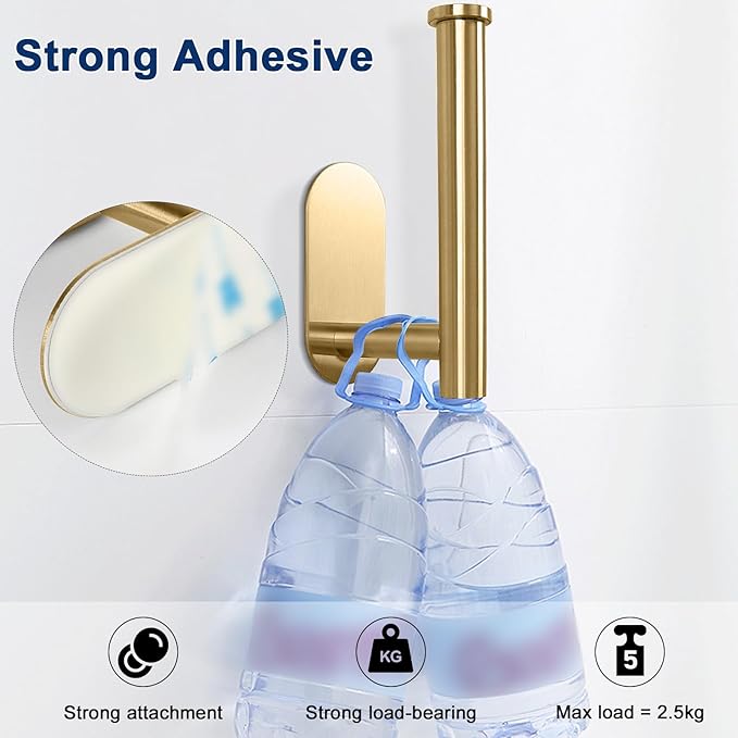 NearMoon Toilet Paper Holder Self Adhesive, Premium Thicken SUS304 Stainless Steel Rustproof Adhesive Toilet Roll Holder no Drilling for Bathroom, Kitchen, Washroom (1 Pack, Brushed Gold)