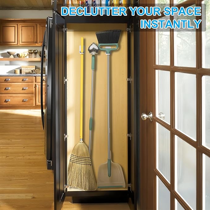 6Pack Broom Holder Wall Mount, Damage Free Hanging Wall Mount Broom and Mop Holder, Household Cleaning Organizer for Organization and Storage, Holds up to 6 lb