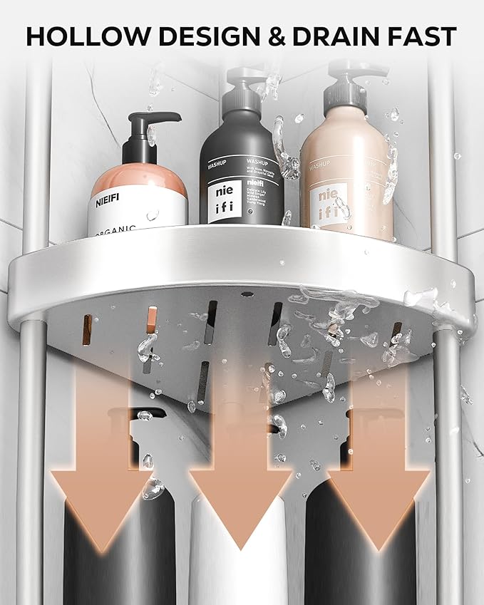 Nieifi Corner Shower Caddy Stand-5 Tier Rustproof Anodized Aluminum Standing Shower Organizer-Shower Caddy Corner-Dual Stability to Anti-Shaking-Height-Adjustable Legs for Uneven Surfaces-Silver