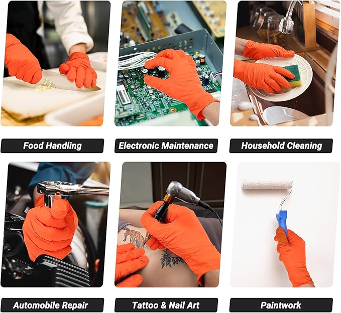 10 Mil Nitrile Gloves for Working, Cleaning, Cooking, 100 PCS Chemical Resistant Heavy Duty Disposable Orange Nitrile Gloves Work, Medium, Latex Free, Industrial Camping Essentials