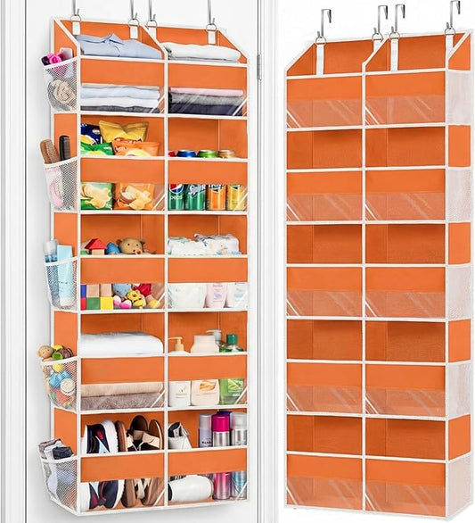 Over The Door Organizer 5 Tiers, Extra Large Behind Door Storage of 10 Compartments, 80 lbs Weight Capacity Hanging Storage Organizer with Clear Window Kids Toys,Shoes,Diapers,Room Storage,Orange