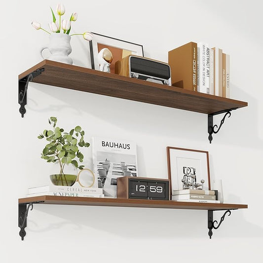 RICHFOCUS Floating Shelves for Wall Decor, 35.4W x 8D Shelves Set of 2, 8 Inch Deep Rustic Wood Shelves Wall Mounted with Brackets, Long Floating Shelves for Living Room Bedroom Kitchen, Walnut