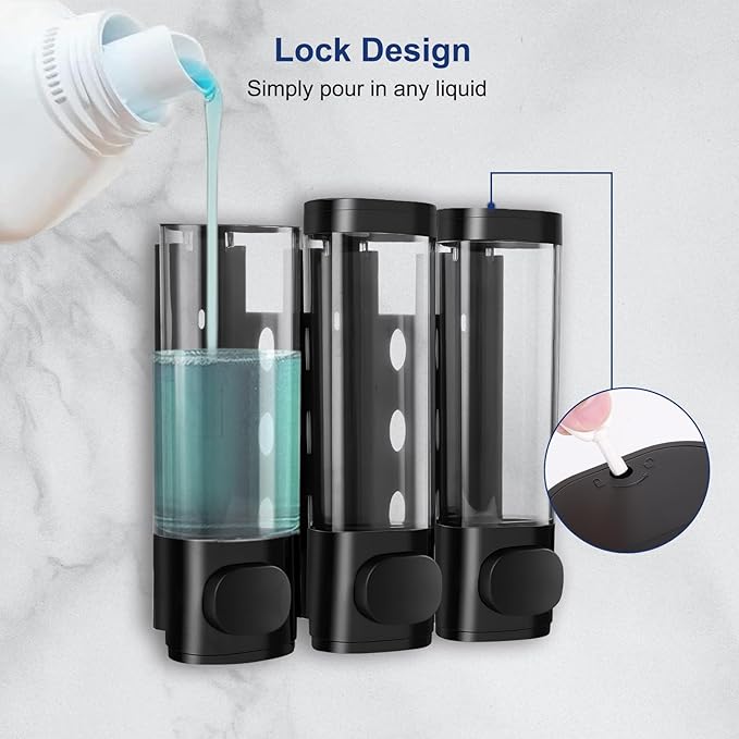 6pcs Shampoo and Conditioner Dispenser No Drill Shower soap Dispenser Wall Mounted 3 Chamber for Bathroom, Kitchen,Hotel Pumps are Easy to use No leaks (Black)