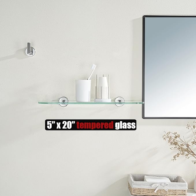 JQK Bathroom Glass Shelf Chrome, Tempered Glass Shower Storage 20 by 5 inches, 304 Stainless Steel Polished Chrome Wall Mount, TGS121L20-CH