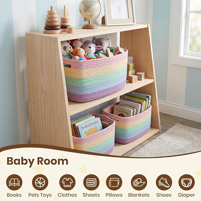 Storage Baskets for Organizing, 14 x 10 x 9” Closet Shelf Woven Baskets, Square Bins with Handles, Cotton Rope Basket for Toys, Clothes, Office, Room, Rainbow 3 Pack