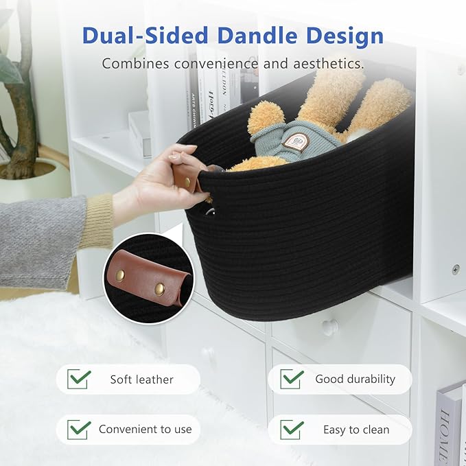 Cotton Rope Basket, Storage Baskets with Handle, 15x10x9 Inch Woven Basket for Shelves, Laundry, Towels, Clothes, Books, (Black 3Pack)