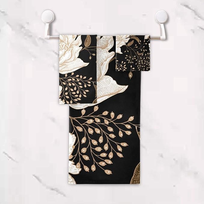 3 Piece Vintage Beige Peony Bath Towels Set,Microfiber Absorbent Gold Black Floral Leaves Rustic Towels for Bathroom,1 Bath Towel,1 Hand Towel,1 Washcloth,Decorative Guest Bathroom Towels