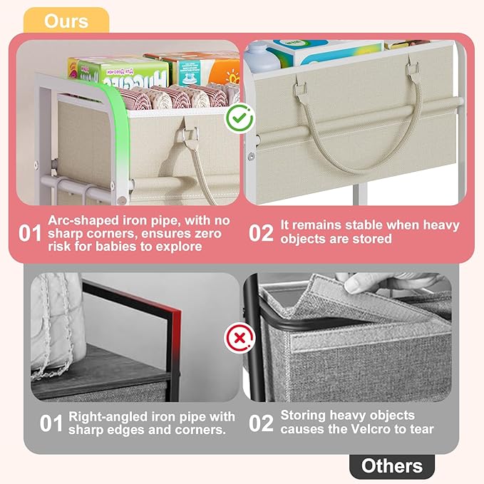 2In1 Baby Diaper Caddy Organizer and Storage, 3 Tier Rolling Cart with Drawer, Mobile Utility Cart Baby Dresser Clothes Organizer for Crib, Art & Craft Storage, White, 17"W x 11.42"D x 33.5"H