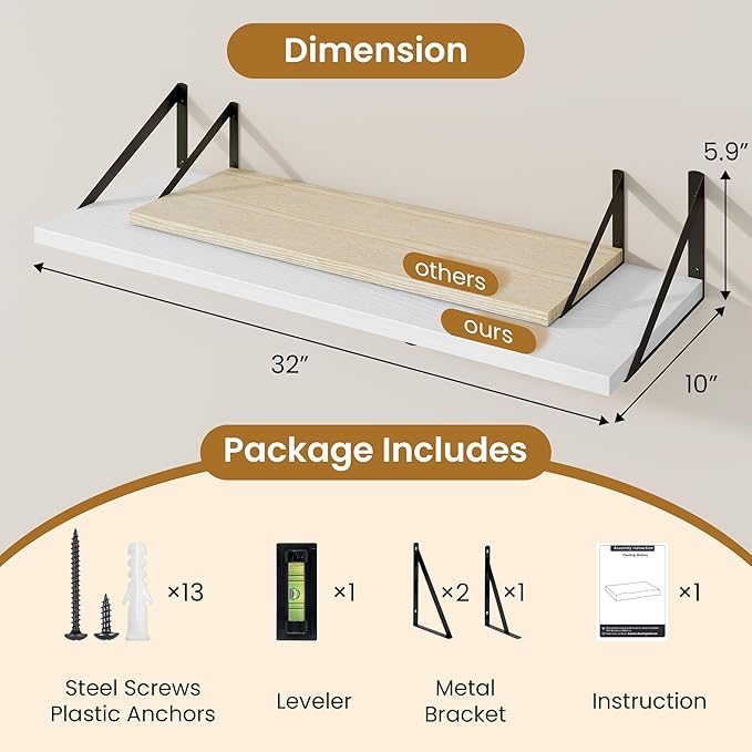 Floating Shelf for Wall,32" WX10 D Wood Floating Shelves with Sturdy Metal Bracket Set of 2,Wall Mounted Hanging Shelf for Bathroom,Bedroom,Kitchen,White