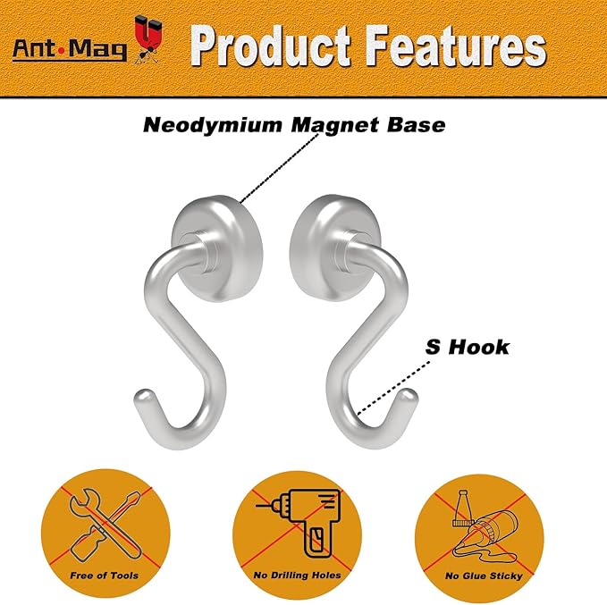 Ant Mag Magnetic Hooks Strong Magnets Hook with Neodymium Rare Earth for Cruise Ship Accessories Hanging Door Holder Keys Home Office Refrigerators BBQ,0.63in