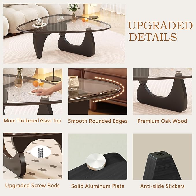 Coffee Table for Living Room Mid Century Modern Center Small Table with Glass Top and Wood, Black Transparent(32 Inch)