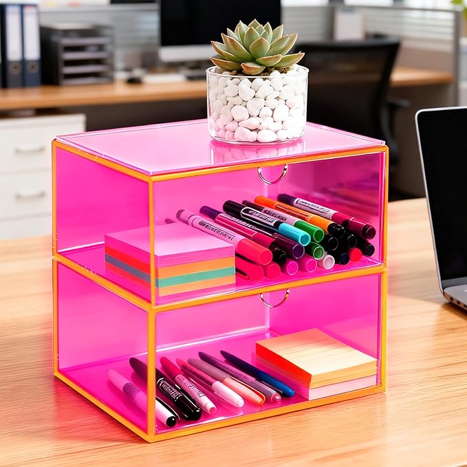 Acrylic Desk Organizer with Drawers Stackable Makeup Organizer for Vanity Office Countertop Cosmetic Display Cases Makeup Storage Box, Neon Pink