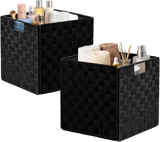 2-Pack Collapsible Ribbon Woven Storage Bins with Metal Structure, Shelf Basket, Pantry Organizer, Home Decorative Utility Cubes (11 x 11 x 11 in, Black)