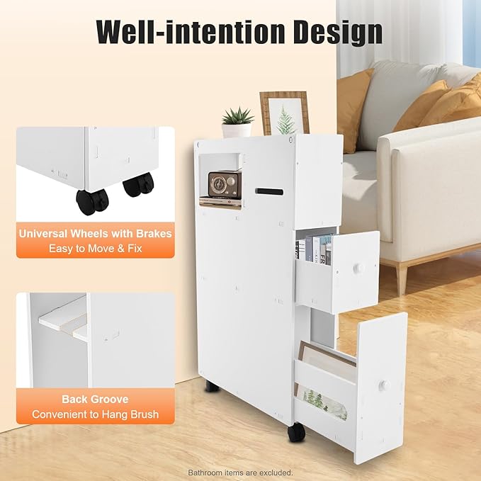 Slim Mobile Bathroom Cabinet with Wheels & Brakes, Slim Storage Organizer with Slide-Out Drawers, Large Capacity Narrow Cabinet for Toilet, Bathroom, Laundry Room