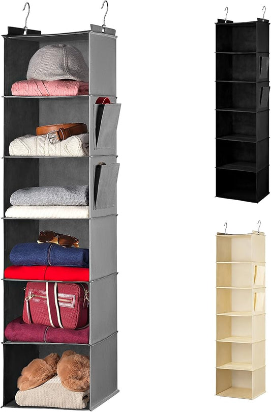 Handy Laundry Hanging Closet Organizer - 6 Shelf Storage for Clothes, Sweaters, Shoes & Accessories - Space-Saving Wardrobe Shelves with Hooks for Dorm, RV & Small Closet Organization (Grey)