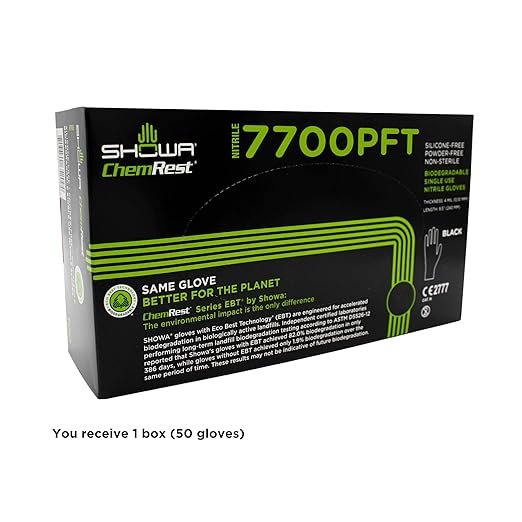 SHOWA 7700PFT Sustainable EBT Latex-Free, Powder-Free, Accelerator-Free, Nitrile Disposable Single Use Safety Gloves, 4 Mil, 9.5" Length, Small (1 Box/50 Gloves)