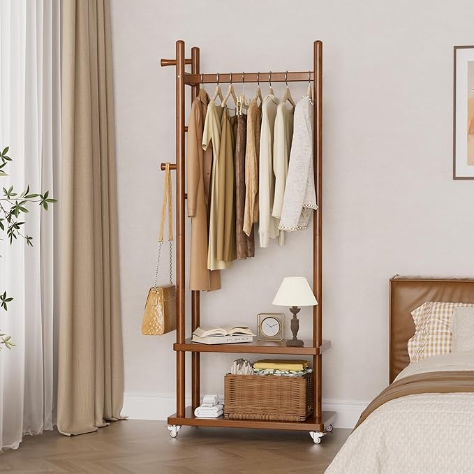 Coat Rack Freestanding Clothing Rack with Wheels, Coat Tree Freestanding Heavy Duty with 2 Storage Shelves and 5 Hooks, Wood Garment Rack for Corner Bedroom Hallway Entryway Living Room Hotel
