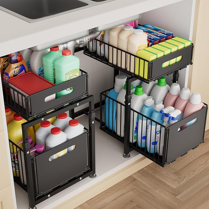 2-tier under sink organizer with pull-out drawers for kitchen and bathroom storage
