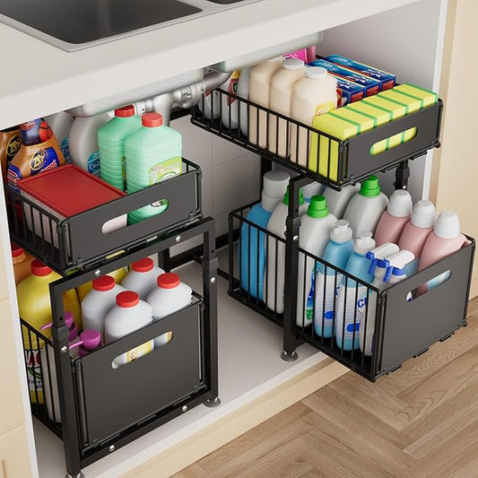 2-tier under sink organizer with pull-out drawers for kitchen and bathroom storage
