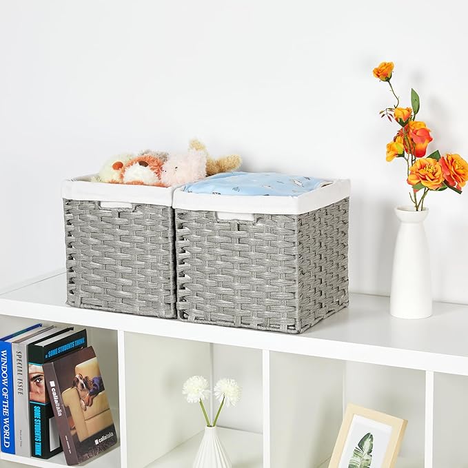 Bidtakay Wicker Cube Baskets with Liners Cube Storage Organizer for Shelves Closet 11 inch 2 Pack Decorative Hand-Woven Imitation Wicker Storage Bins for Organizing Pantry Bedroom Light Grey