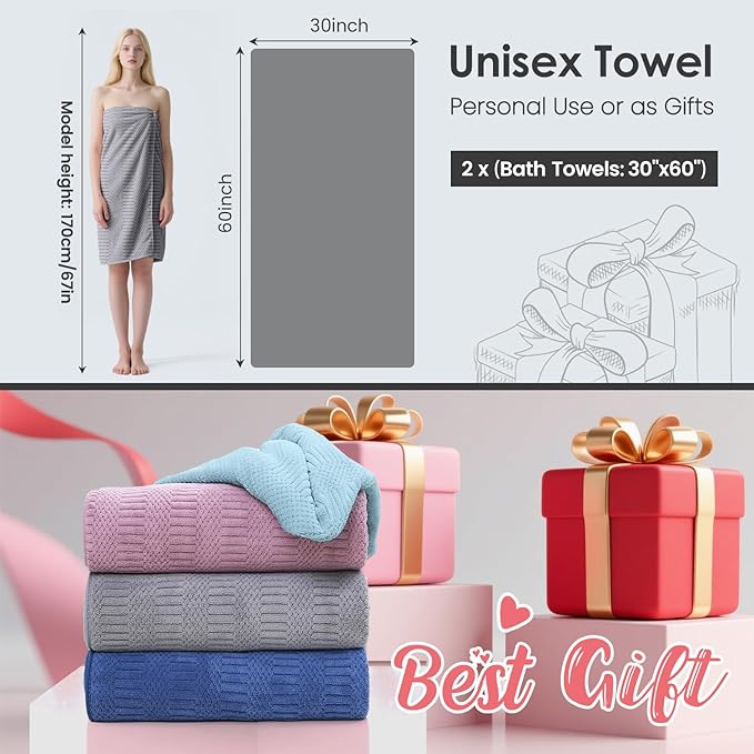 Bath Towels Set of 2, 30" x 60", Large Microfier Body Towel for Adult, Oversized, Soft, Super Absorbent, Fast Drying, Use for Sauna, Salon, Gym,Sport, Fitness, Yoga, Diamond Cross Grid Gray