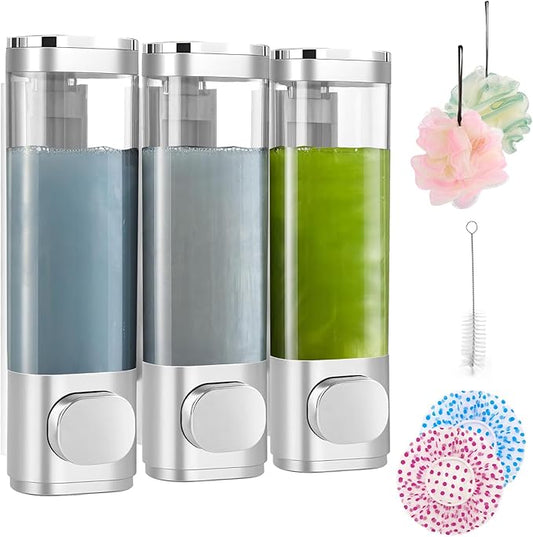 6pcs Shampoo and Conditioner Dispenser No Drill Shower soap Dispenser Wall Mounted 3 Chamber for Bathroom, Kitchen,Hotel Pumps are Easy to use No leaks (Silver)