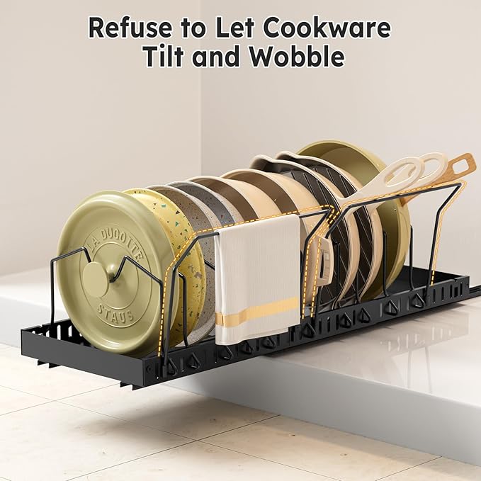Pull-out Pots and Pans Organizer Under Cabinet - 2 Pack Expandable Pot and Pan Organizer Rack with 10 Adjustable Dividers for Pot, Cutting Board, Dishes, Lid, Baking Tray