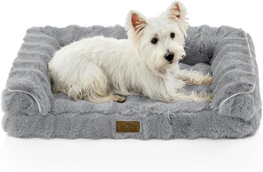 Faux Fur Orthopedic Dog Bed, Dog Bed for Medium Size, Supportive Foam Pet Sofa with Waterproof Lining Cover, Washable U-Shaped Pet Couch with Anti-Slip Bottom, Grey M 30x20x6.5 inch