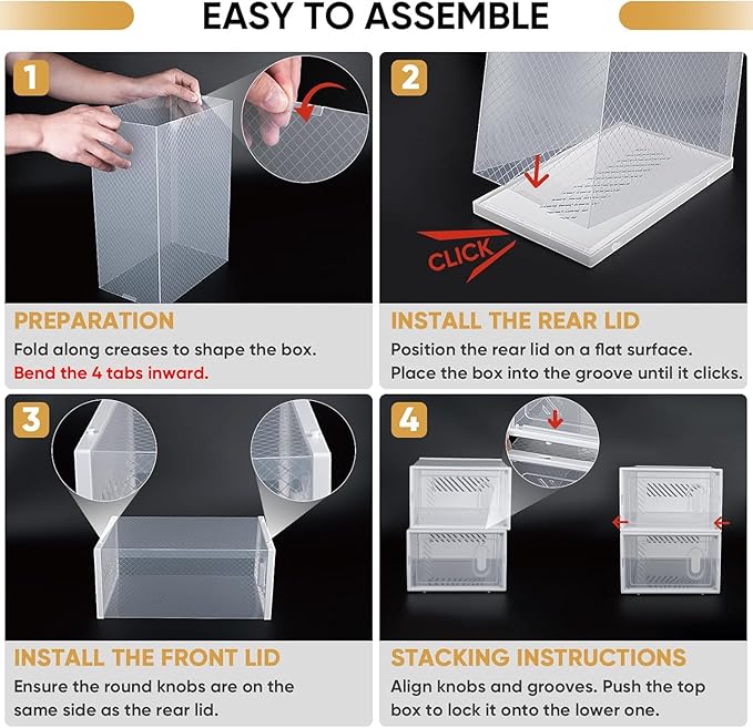 BALEINE 3 Pack Stackable Shoe Storage Boxes Fit Size 9, Thickened Clear Shoe Box Bins with Lids, Plastic Foldable Shoe Rack Organizer Sneaker Storage Containers (Large, Black)