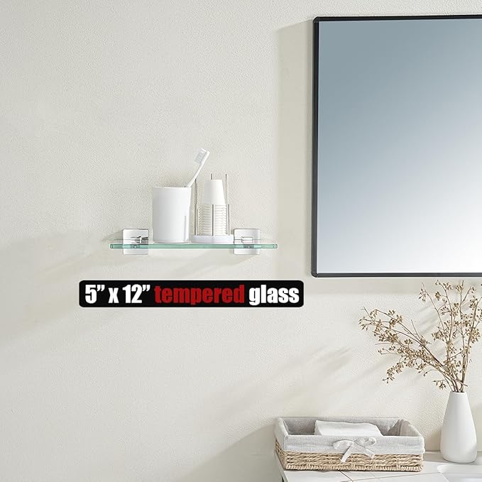 JQK Bathroom Glass Shelf, Floating Tempered Glass Shower Storage 12 by 5 inches, 304 Stainless Steel Polished Chrome Wall Mount 2 Pack, TGS201L12-CH-P2