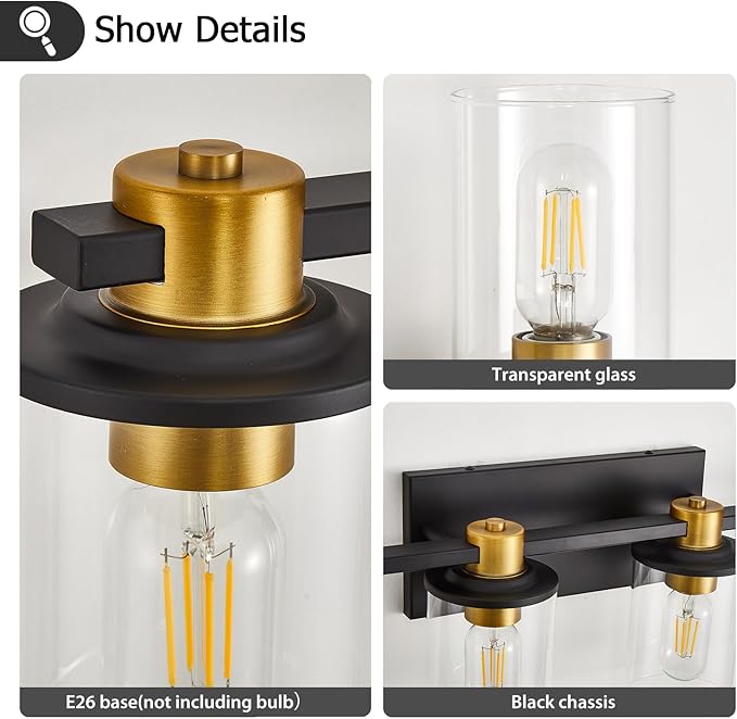 Bathroom Vanity Light, 6 Light Black and Gold Bathroom Light Fixtures, Sconces Wall Lighting with Clear Glass Shade, Modern Brushed Gold Vanity Lighting fixtures for Bathroom, Bedroom, Hallway