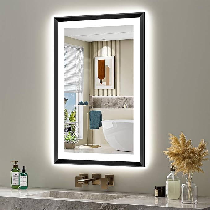 24x36 Black Framed LED Bathroom Mirror with Lights, Backlit and Front Light, Lighted Bathroom Vanity Mirror for Wall Dimmable Anti-Fog Memory Tempered Glass Horizontal/Vertical