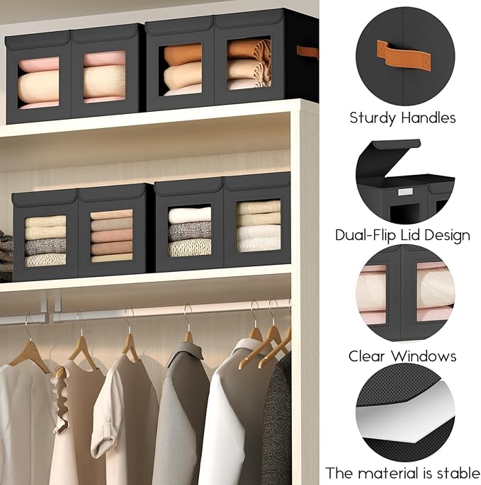 Large Closet Storage Bins - Collapsible Divided Clothes Organizer with Lids & Dual Window, Fabric Organizing Bins for Clothes, Sweater, Bedroom, Office (Black, 4 Pack)
